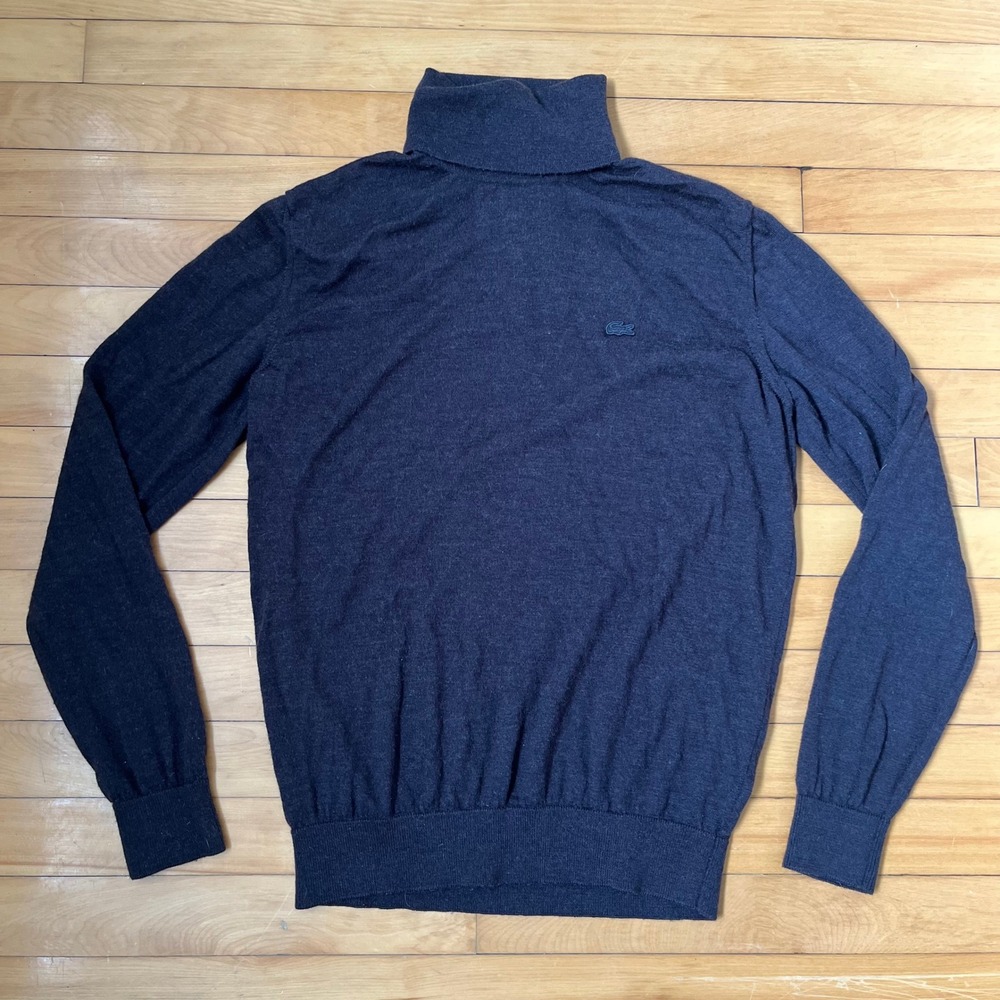Lacoste Mens Turtleneck Sweater Charcoal Gray Pure New Wool Logo F70239 Size L